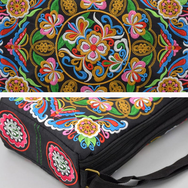 Buddha Stones Galsang Inula Flower Peony Peacock Double-Sided Embroidery Canvas Shopping Purse Handbag Crossbody Bag