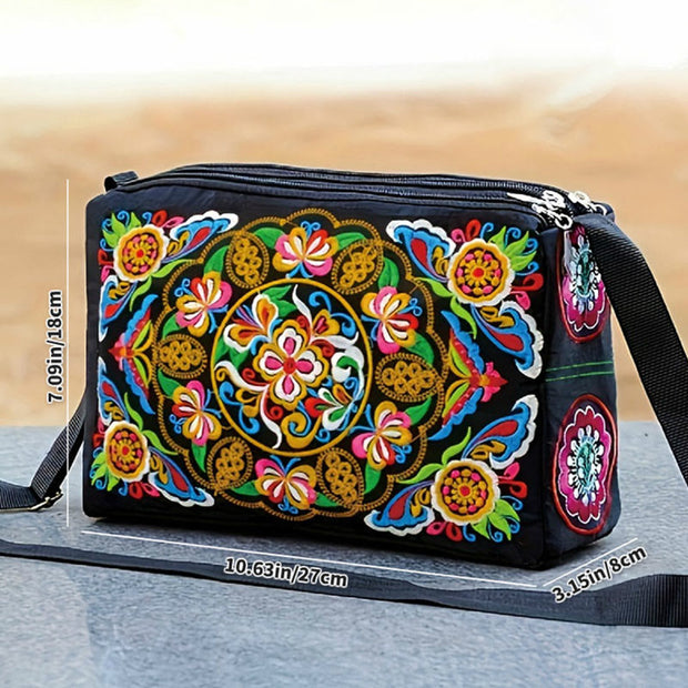 Buddha Stones Galsang Inula Flower Peony Peacock Double-Sided Embroidery Canvas Shopping Purse Handbag Crossbody Bag Crossbody Bag&Shoulder Bag BS 5