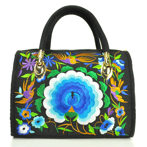 Buddha Stones Money Tree Peony Camellia Double-Sided Embroidery Canvas Shopping Purse Handbag Crossbody Bag Crossbody Bag&Handbags BS Blue Peony