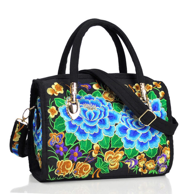 Buddha Stones Money Tree Peony Camellia Double-Sided Embroidery Canvas Shopping Purse Handbag Crossbody Bag Crossbody Bag&Handbags BS Double Blue Peony