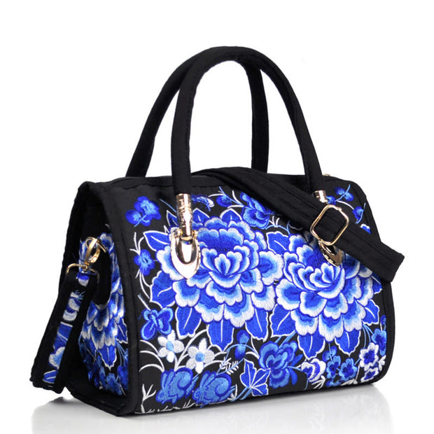 Buddha Stones Money Tree Peony Camellia Double-Sided Embroidery Canvas Shopping Purse Handbag Crossbody Bag Crossbody Bag&Handbags BS Double Blue White Peony