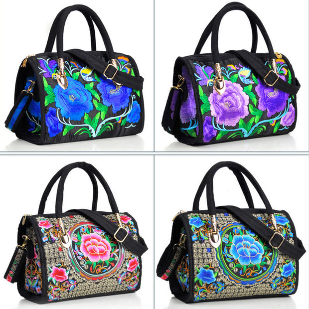 Buddha Stones Money Tree Peony Camellia Double-Sided Embroidery Canvas Shopping Purse Handbag Crossbody Bag