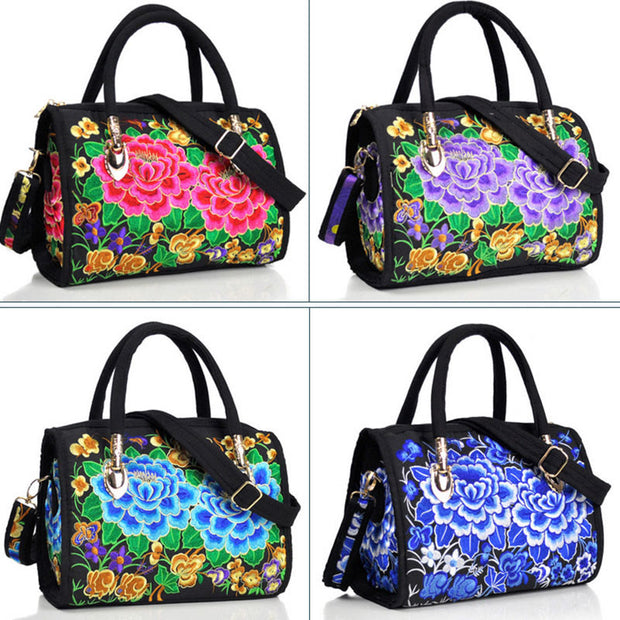 Buddha Stones Money Tree Peony Camellia Double-Sided Embroidery Canvas Shopping Purse Handbag Crossbody Bag