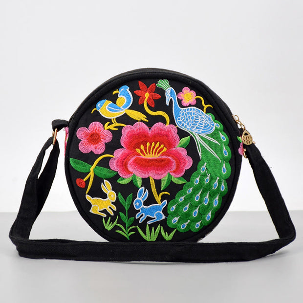 Buddha Stones Money Tree Galsang Inula Flower Peony Rose Peacock Double-Sided Embroidery Canvas Shopping Purse Handbag Crossbody Bag Crossbody Bag&Shoulder Bag BS Peacock Rabbit