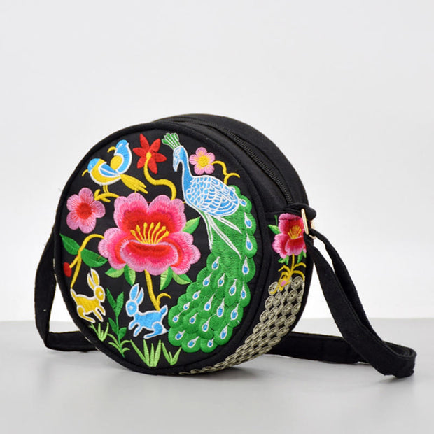 Buddha Stones Money Tree Galsang Inula Flower Peony Rose Peacock Double-Sided Embroidery Canvas Shopping Purse Handbag Crossbody Bag Crossbody Bag&Shoulder Bag BS 9