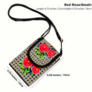 Buddha Stones Inula Flower Rose Embroidery Canvas Backpack Crossbody Bag Crossbody Bag&Shoulder Bag BS Red Rose 12*1*16cm