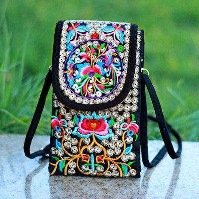 Buddha Stones Inula Flower Rose Embroidery Canvas Backpack Crossbody Bag