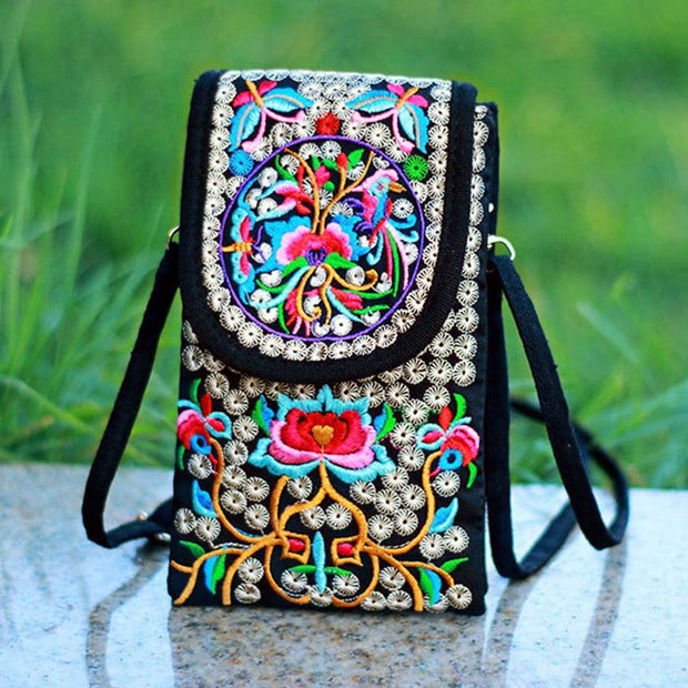 Buddha Stones Inula Flower Rose Embroidery Canvas Backpack Crossbody Bag