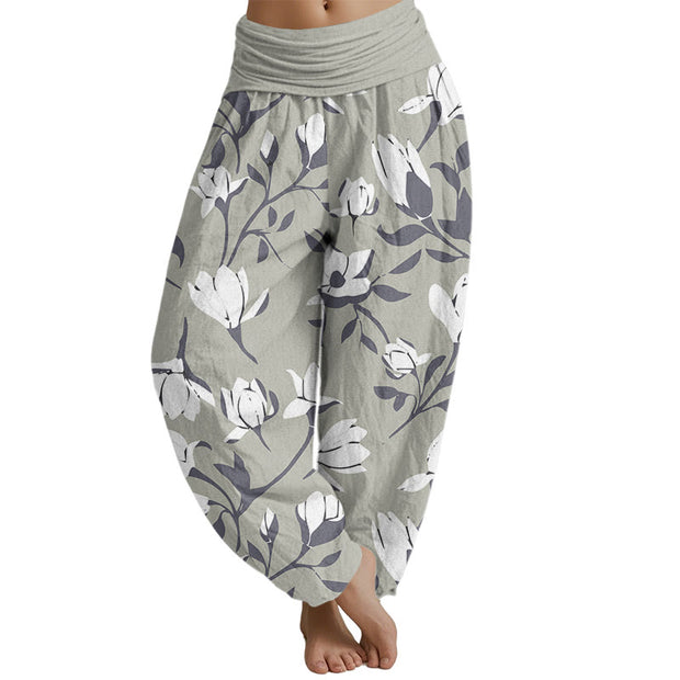 Buddha Stones Retro Magnolia Flowers Women's Elastic Waist Harem Pants