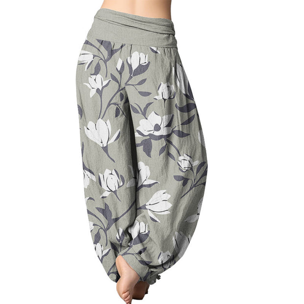 Buddha Stones Retro Magnolia Flowers Women's Elastic Waist Harem Pants Women's Harem Pants BS 6