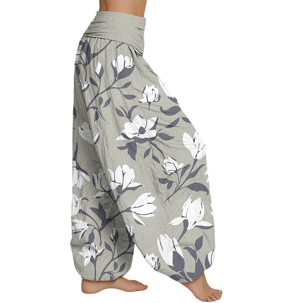 Buddha Stones Retro Magnolia Flowers Women's Elastic Waist Harem Pants Women's Harem Pants BS 5