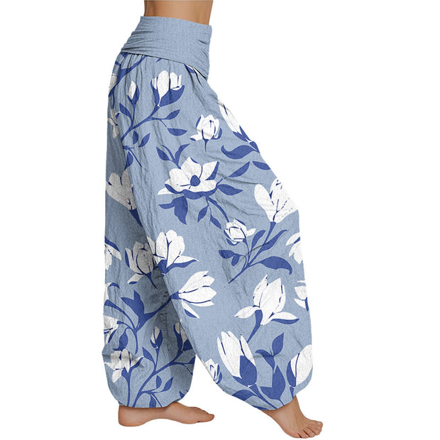 Buddha Stones Retro Magnolia Flowers Women's Elastic Waist Harem Pants Women's Harem Pants BS 1