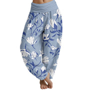 Buddha Stones Retro Magnolia Flowers Women's Elastic Waist Harem Pants