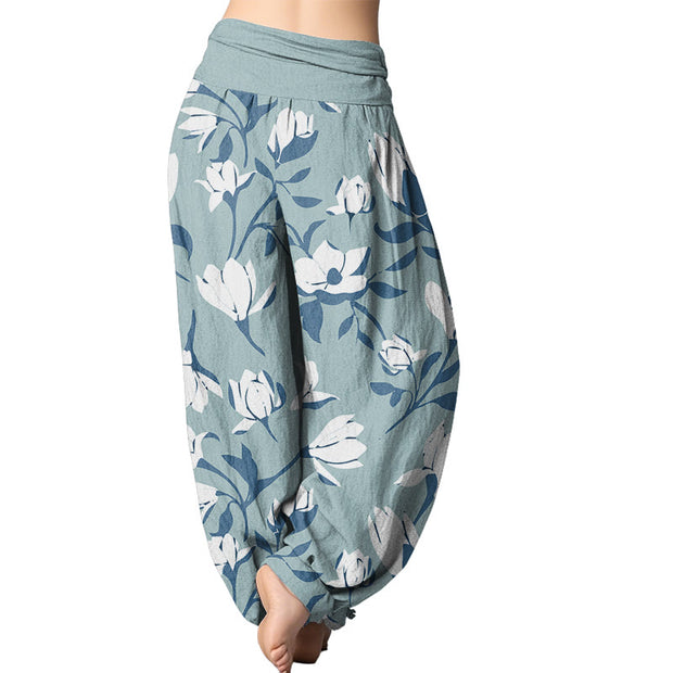 Buddha Stones Retro Magnolia Flowers Women's Elastic Waist Harem Pants Women's Harem Pants BS 9