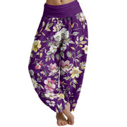 Buddha Stones Elegant Flower Design Women's Elastic Waist Harem Pants Women's Harem Pants BS DarkOrchid US22，UK/AU26，EU54 (6XL)