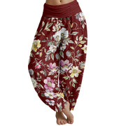 Buddha Stones Elegant Flower Design Women's Elastic Waist Harem Pants Women's Harem Pants BS FireBrick US22，UK/AU26，EU54 (6XL)