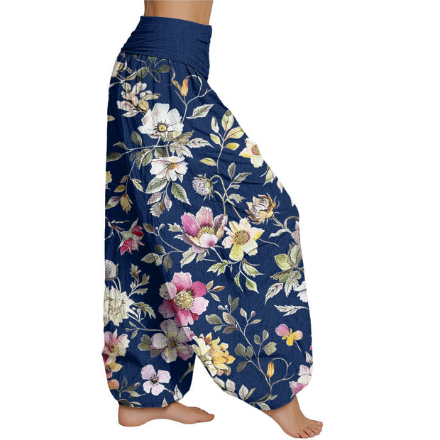 Buddha Stones Elegant Flower Design Women's Elastic Waist Harem Pants Women's Harem Pants BS 11