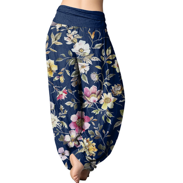 Buddha Stones Elegant Flower Design Women's Elastic Waist Harem Pants Women's Harem Pants BS 12