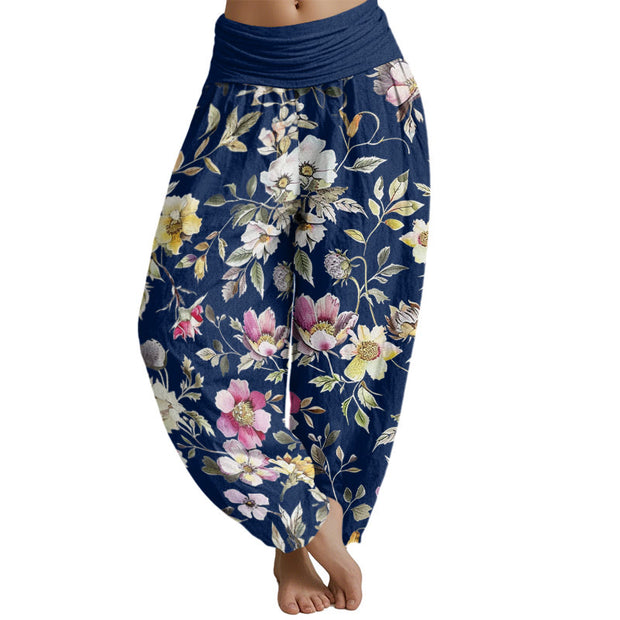 Buddha Stones Elegant Flower Design Women's Elastic Waist Harem Pants Women's Harem Pants BS SteelBlue US22，UK/AU26，EU54 (6XL)