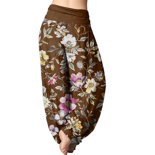 Buddha Stones Elegant Flower Design Women's Elastic Waist Harem Pants