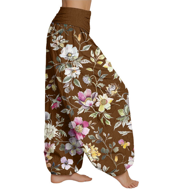 Buddha Stones Elegant Flower Design Women's Elastic Waist Harem Pants Women's Harem Pants BS 14