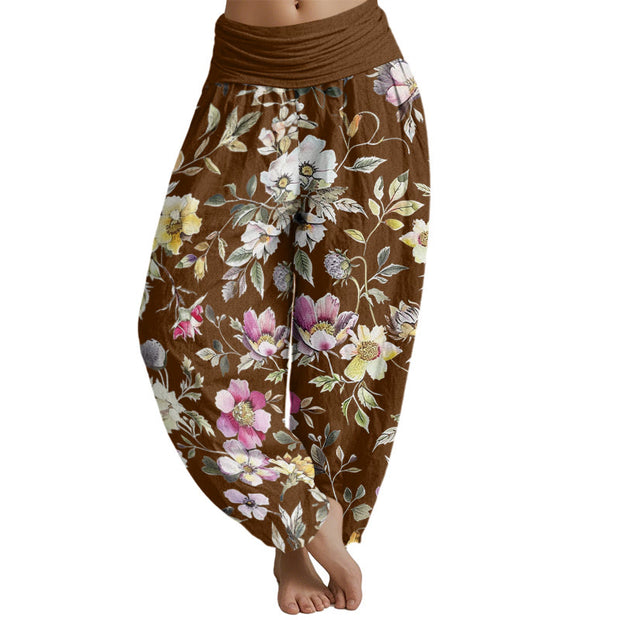 Buddha Stones Elegant Flower Design Women's Elastic Waist Harem Pants Women's Harem Pants BS DarkGoldenrod US22，UK/AU26，EU54 (6XL)