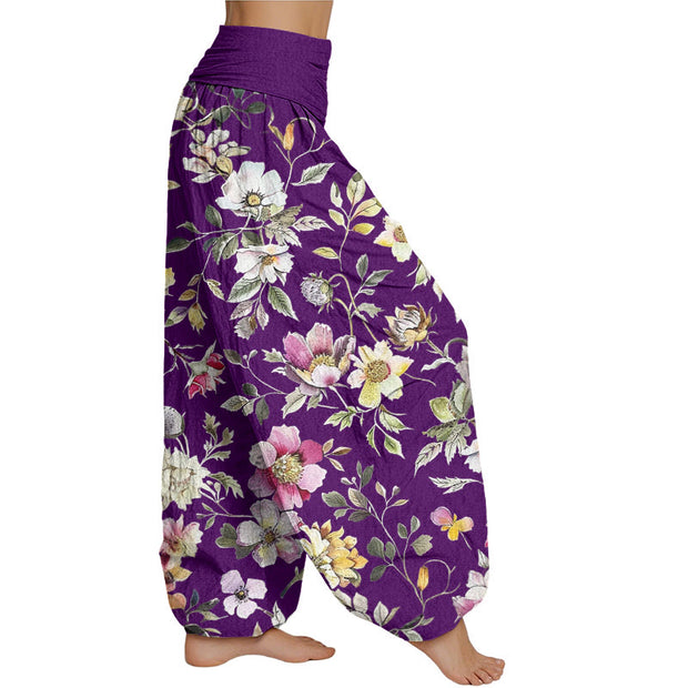 Buddha Stones Elegant Flower Design Women's Elastic Waist Harem Pants Women's Harem Pants BS 5