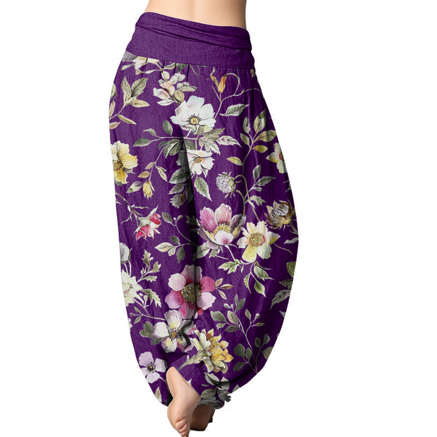 Buddha Stones Elegant Flower Design Women's Elastic Waist Harem Pants Women's Harem Pants BS 6