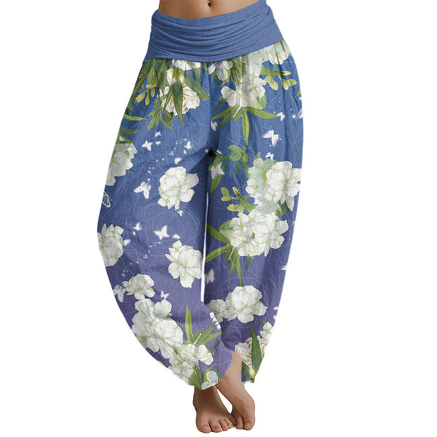 Buddha Stones Casual White Flowers Women's Elastic Waist Harem Pants Women's Harem Pants BS LightBlue US22，UK/AU26，EU54 (6XL)