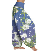 Buddha Stones Casual White Flowers Women's Elastic Waist Harem Pants