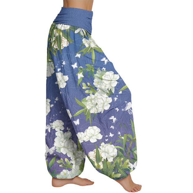 Buddha Stones Casual White Flowers Women's Elastic Waist Harem Pants