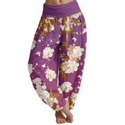 Buddha Stones Casual White Flowers Women's Elastic Waist Harem Pants