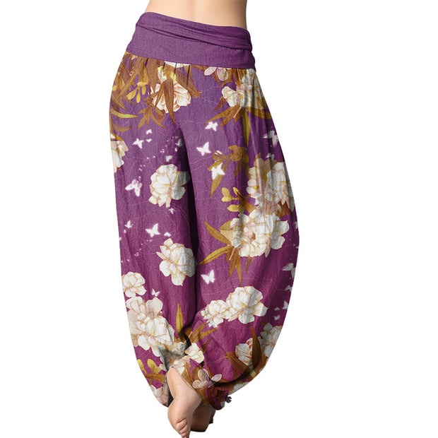 Buddha Stones Casual White Flowers Women's Elastic Waist Harem Pants Women's Harem Pants BS 6