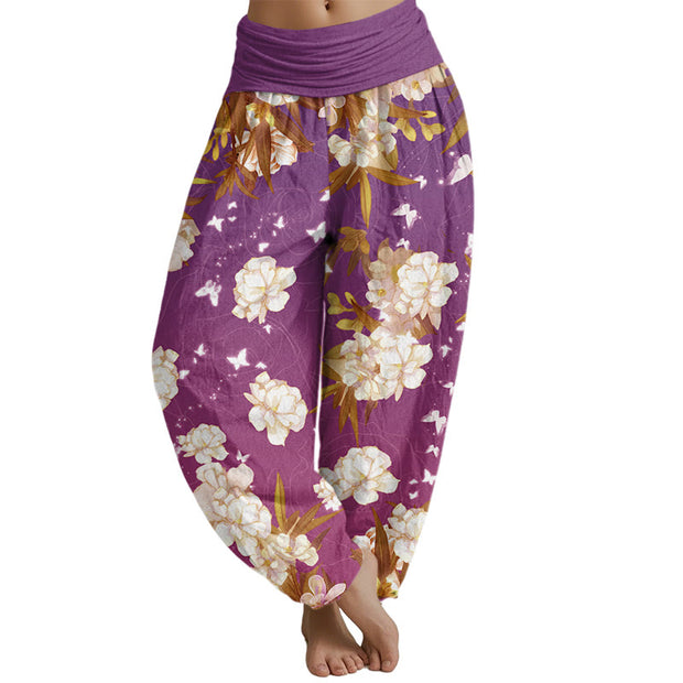 Buddha Stones Casual White Flowers Women's Elastic Waist Harem Pants Women's Harem Pants BS Plum US22，UK/AU26，EU54 (6XL)