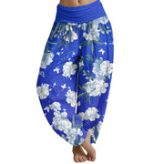 Buddha Stones Casual White Flowers Women's Elastic Waist Harem Pants Women's Harem Pants BS DodgerBlue US22，UK/AU26，EU54 (6XL)