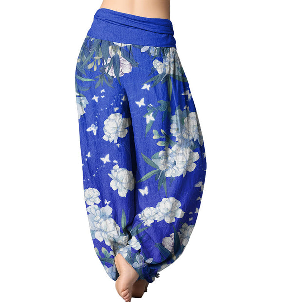 Buddha Stones Casual White Flowers Women's Elastic Waist Harem Pants Women's Harem Pants BS 9