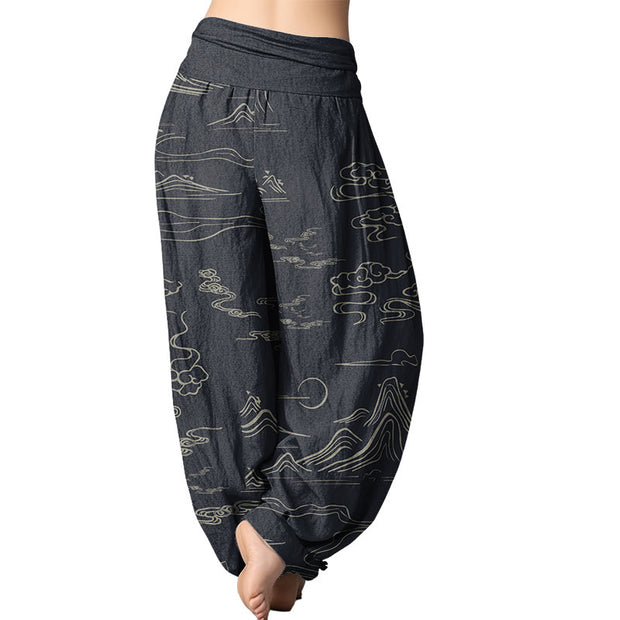 Buddha Stones Mountain Moon Auspicious Clouds Pattern Women's Elastic Waist Harem Pants Women's Harem Pants BS 2