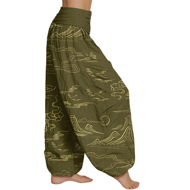 Buddha Stones Mountain Moon Auspicious Clouds Pattern Women's Elastic Waist Harem Pants Women's Harem Pants BS 5