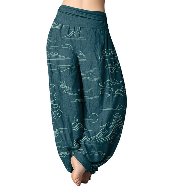 Buddha Stones Mountain Moon Auspicious Clouds Pattern Women's Elastic Waist Harem Pants Women's Harem Pants BS 9