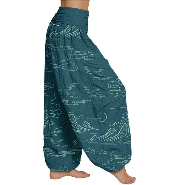 Buddha Stones Mountain Moon Auspicious Clouds Pattern Women's Elastic Waist Harem Pants Women's Harem Pants BS 8