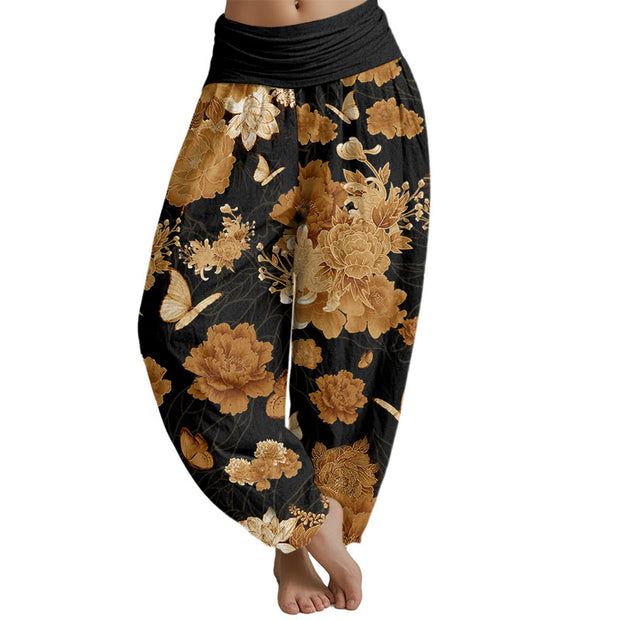 Buddha Stones Peony Flowers Pattern Women's Elastic Waist Harem Pants