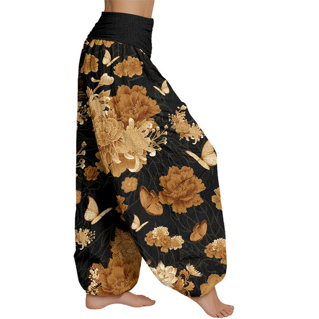 Buddha Stones Peony Flowers Pattern Women's Elastic Waist Harem Pants Women's Harem Pants BS 1