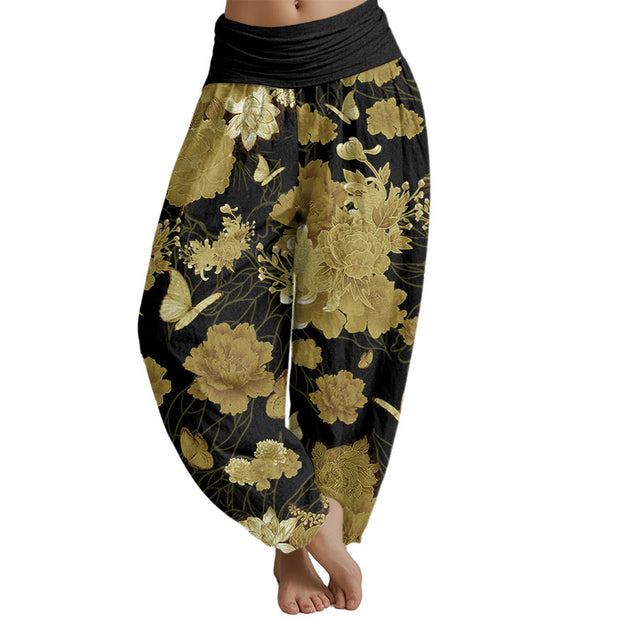 Buddha Stones Peony Flowers Pattern Women's Elastic Waist Harem Pants Women's Harem Pants BS Tan US22，UK/AU26，EU54 (6XL)