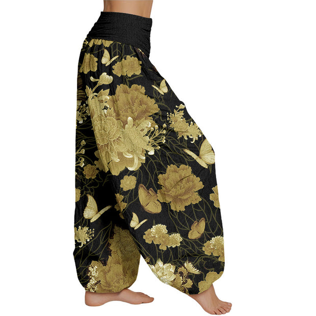 Buddha Stones Peony Flowers Pattern Women's Elastic Waist Harem Pants Women's Harem Pants BS 5