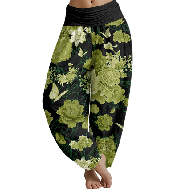 Buddha Stones Peony Flowers Pattern Women's Elastic Waist Harem Pants Women's Harem Pants BS YellowGreen US22，UK/AU26，EU54 (6XL)