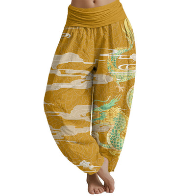 Buddha Stones Casual Dragon Auspicious Clouds Pattern Women's Elastic Waist Harem Pants