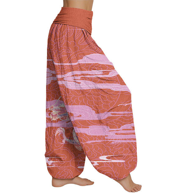 Buddha Stones Casual Dragon Auspicious Clouds Pattern Women's Elastic Waist Harem Pants