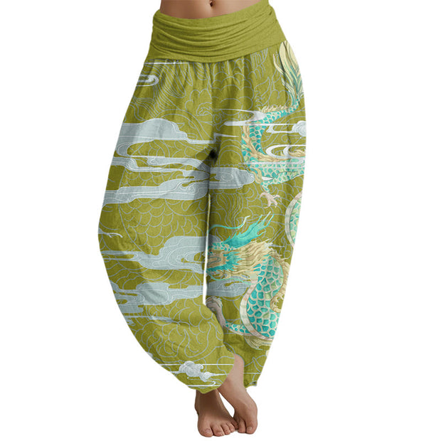 Buddha Stones Casual Dragon Auspicious Clouds Pattern Women's Elastic Waist Harem Pants Women's Harem Pants BS YellowGreen US22，UK/AU26，EU54 (6XL)