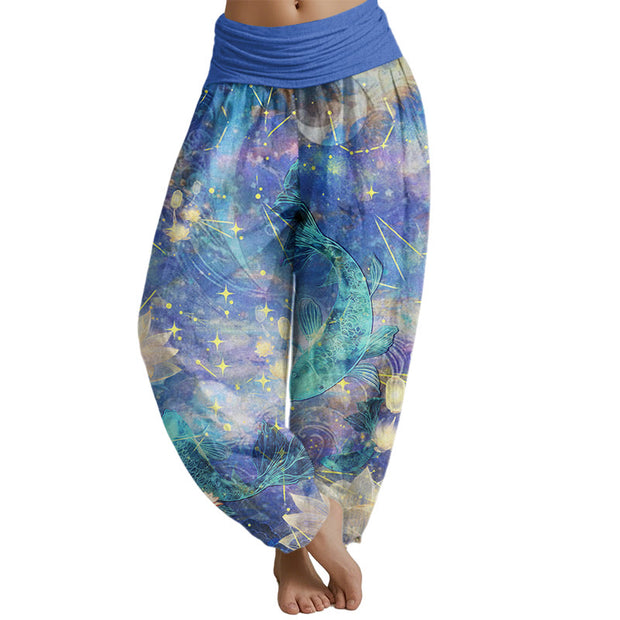 Buddha Stones Koi Fish Lotus Moon Stars Pattern Women's Elastic Waist Harem Pants Women's Harem Pants BS CornflowerBlue US22，UK/AU26，EU54 (6XL)