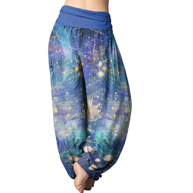 Buddha Stones Koi Fish Lotus Moon Stars Pattern Women's Elastic Waist Harem Pants Women's Harem Pants BS 2